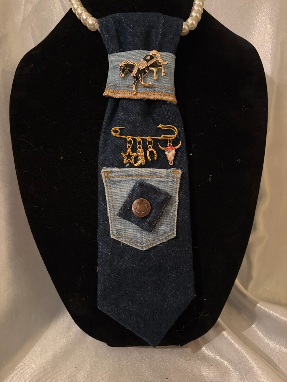 Denim Pocket Tie with Gold Charm Accents - Blue